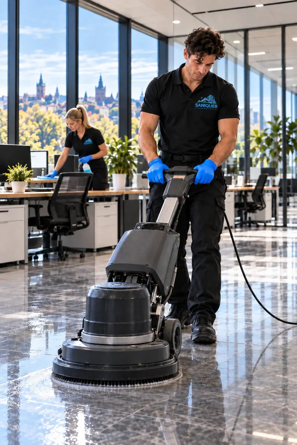 Équipe Saniqueb nettoyant les planchers et les bureaux d'un espace de travail